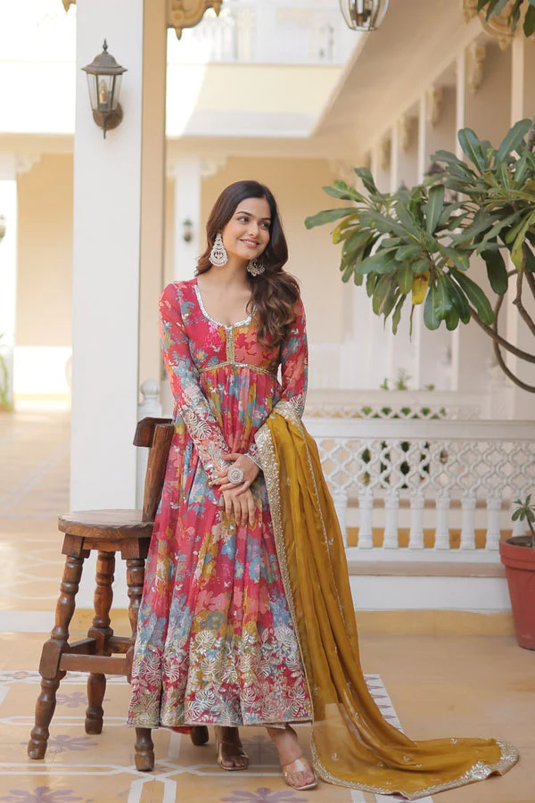 Digital Printed Russian Silk Pink Color Gown With Yellow Dupatta - Image 4