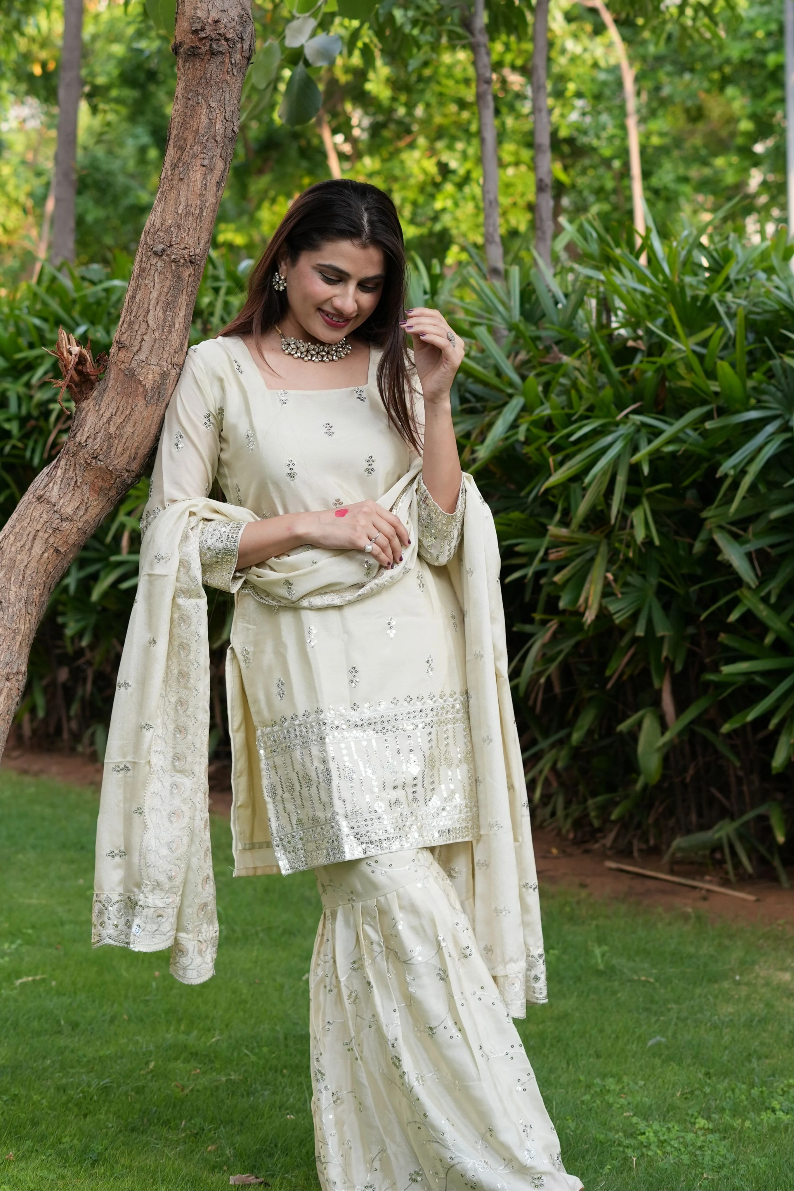 Diksha Pawar Beautiful Cream Colour Embroidery Sequence Work Sharara Suit - Image 4