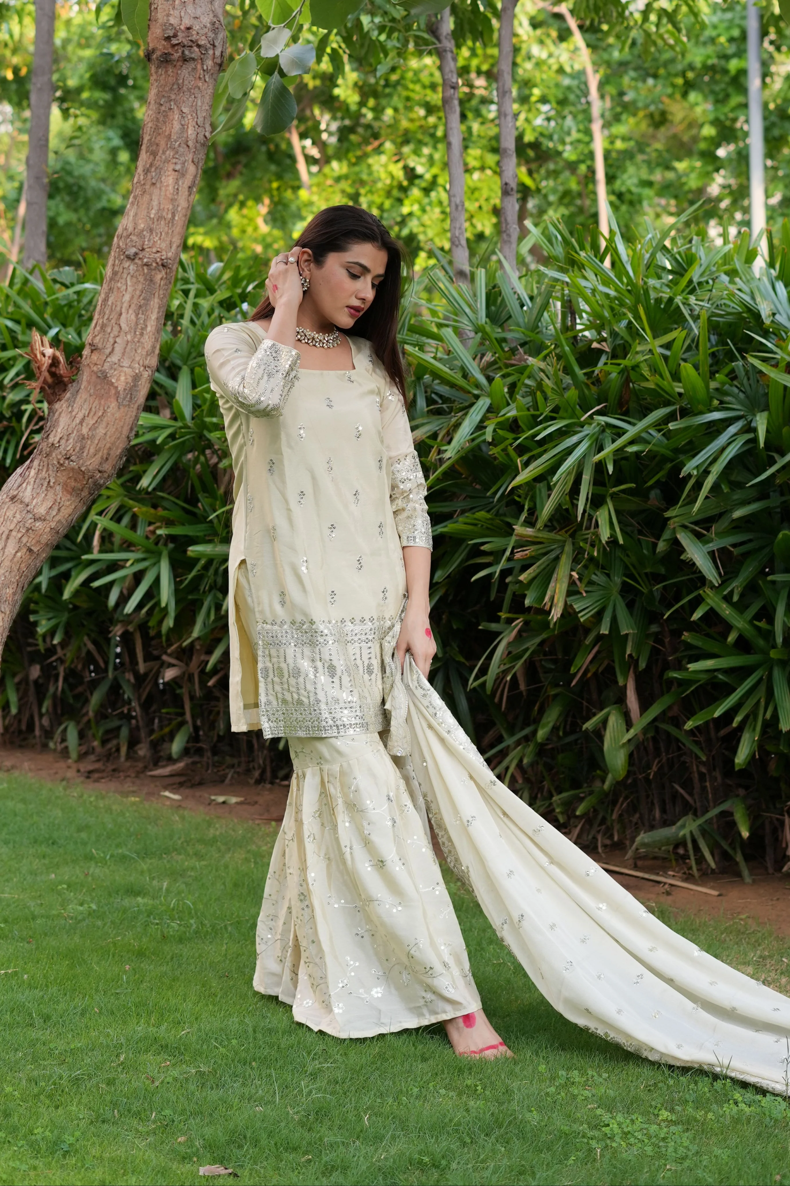 Diksha Pawar Beautiful Cream Colour Embroidery Sequence Work Sharara Suit - Image 6