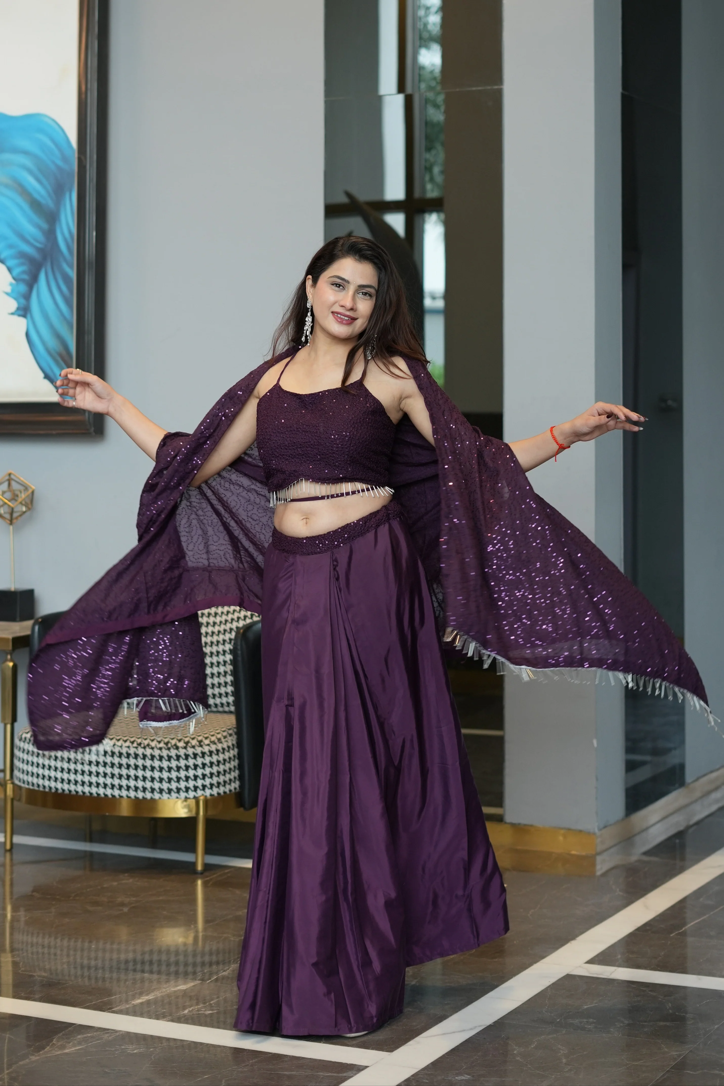 Diksha Pawar Wine Colour Indowestern Dhoti Suit With Shrug - Image 13