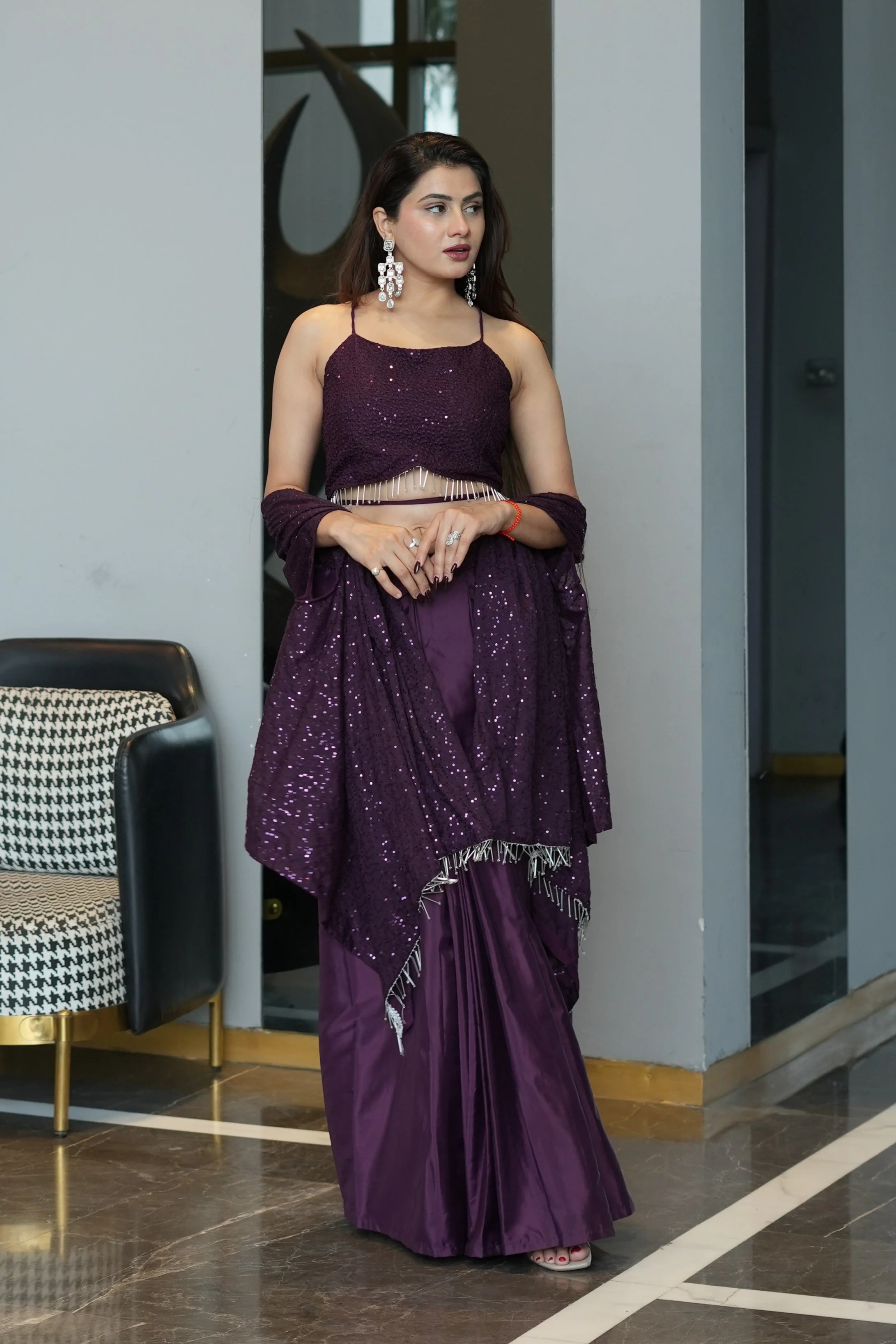 Diksha Pawar Wine Colour Indowestern Dhoti Suit With Shrug - Image 6