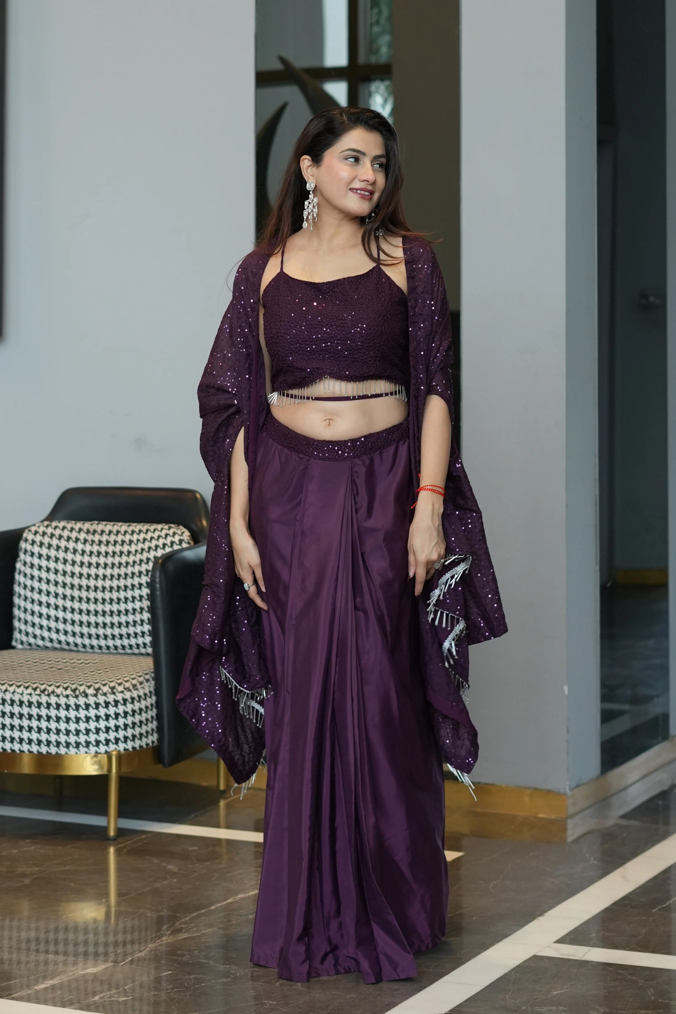 Diksha Pawar Wine Colour Indowestern Dhoti Suit With Shrug - Image 7