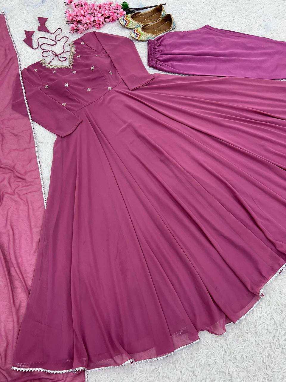 Dusty Pink Indian Designer Gown With Embroidery Work on Neck and Dupatta - Image 8