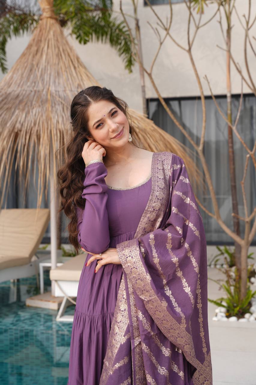 Dusty Purple Color Pure Chanderi Silk Frill Style Anarkali Suit - Image 6