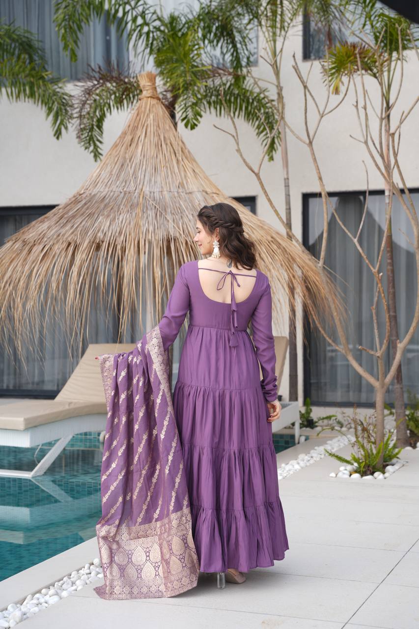 Dusty Purple Color Pure Chanderi Silk Frill Style Anarkali Suit - Image 9