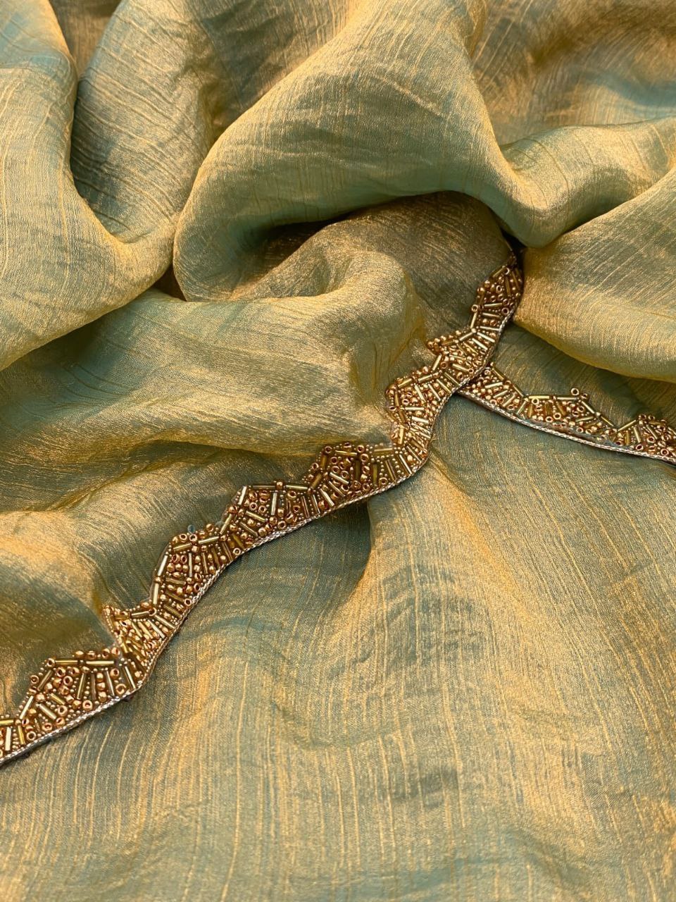 Elegant shimmer Tissue Teal Blue saree Lightweight & Stylish Drape - Image 8