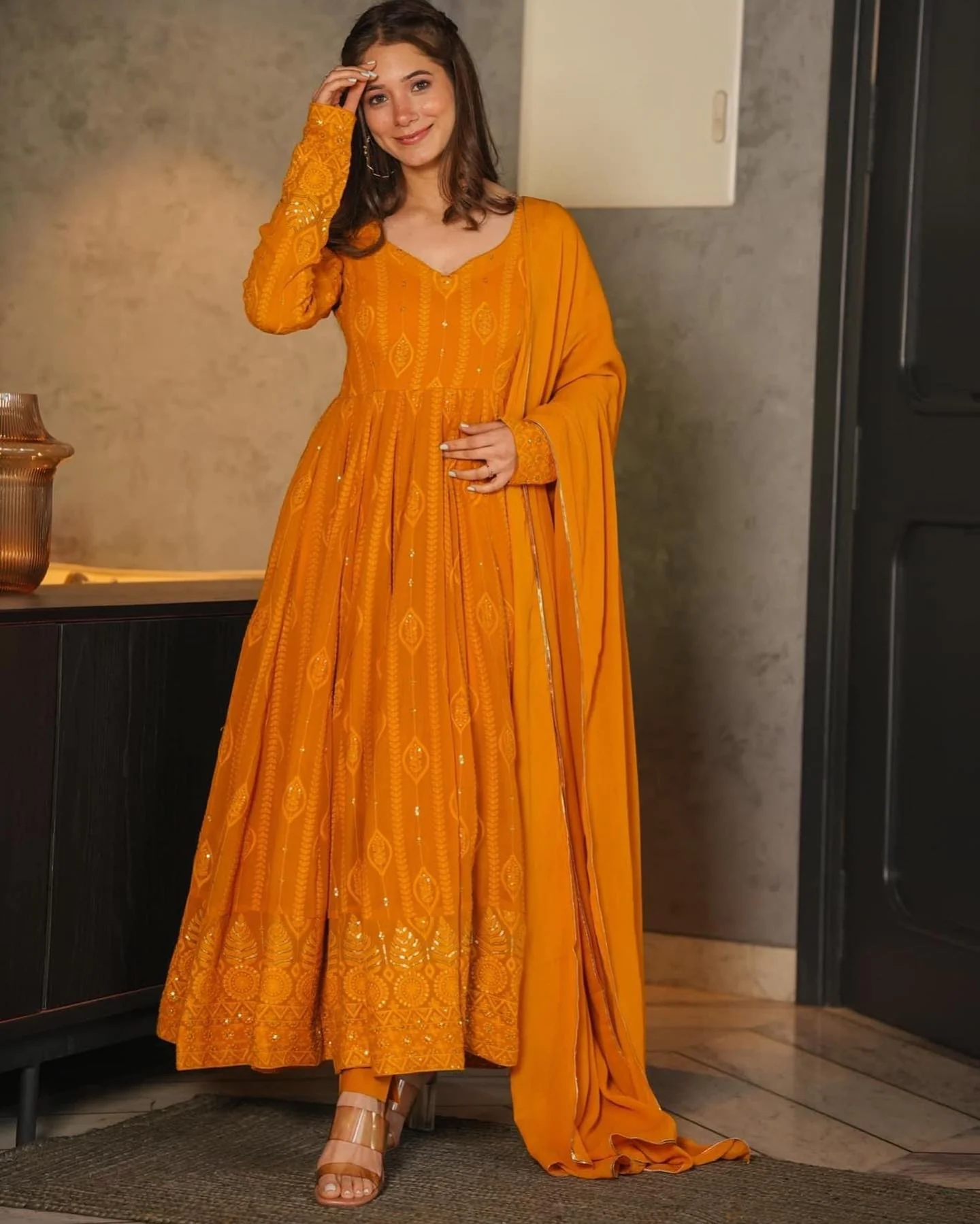 Mustard Embroidered Georgette Sequence Work Anarkali Suit Set - Image 2