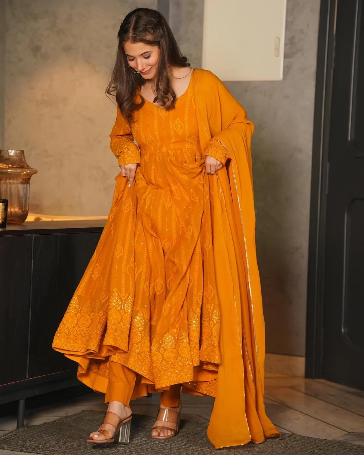 Mustard Embroidered Georgette Sequence Work Anarkali Suit Set - Image 4