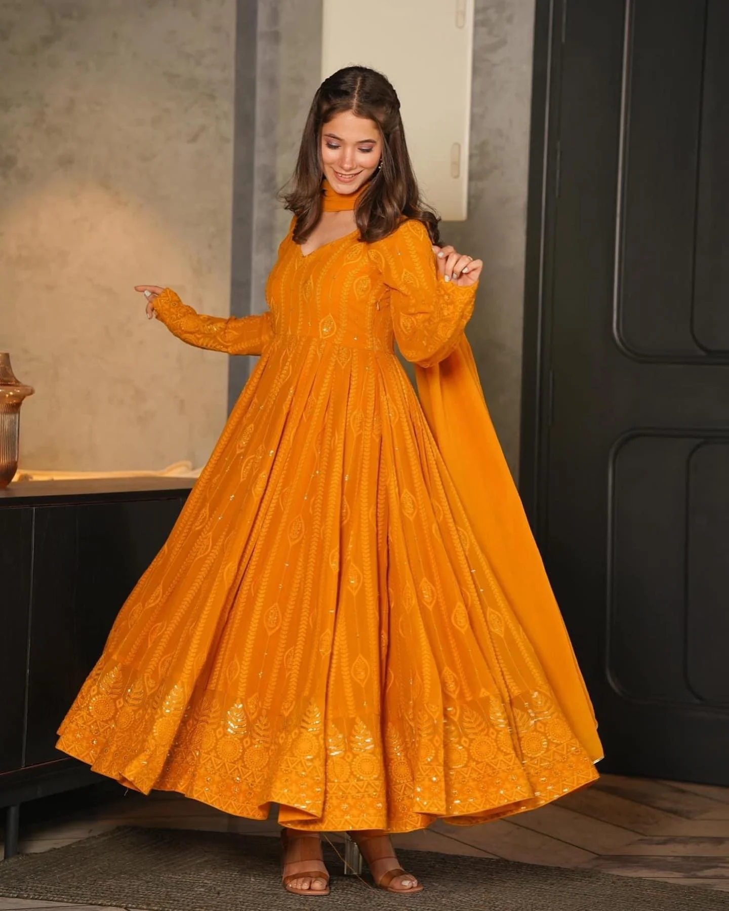 Mustard Embroidered Georgette Sequence Work Anarkali Suit Set - Image 5