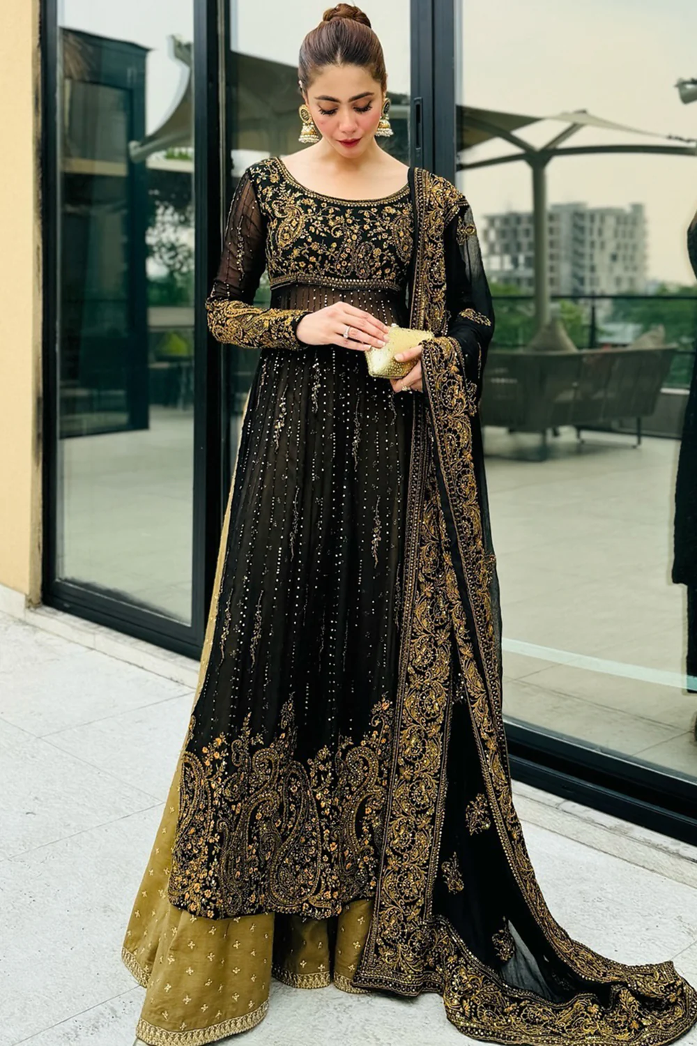 Embroidered Black & Gold Eid Suit Pakistani Salwar Suit Kameez Dress - Image 6