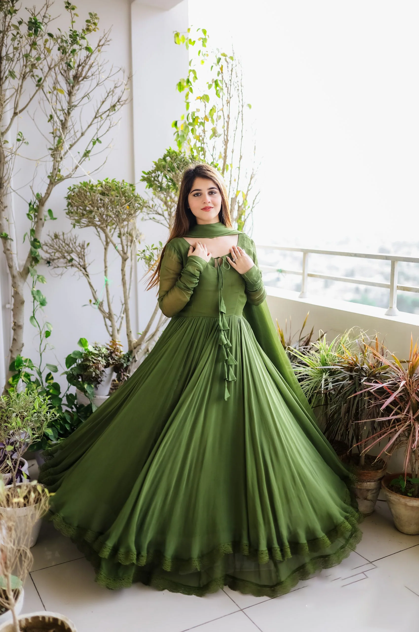 Solid Long Flair Double Layered Anarkali With Dupatta - Image 10