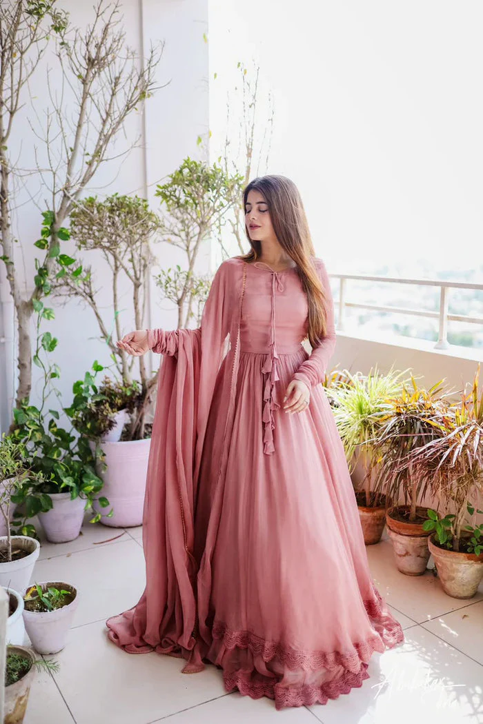 Solid Long Flair Double Layered Anarkali With Dupatta - Image 13