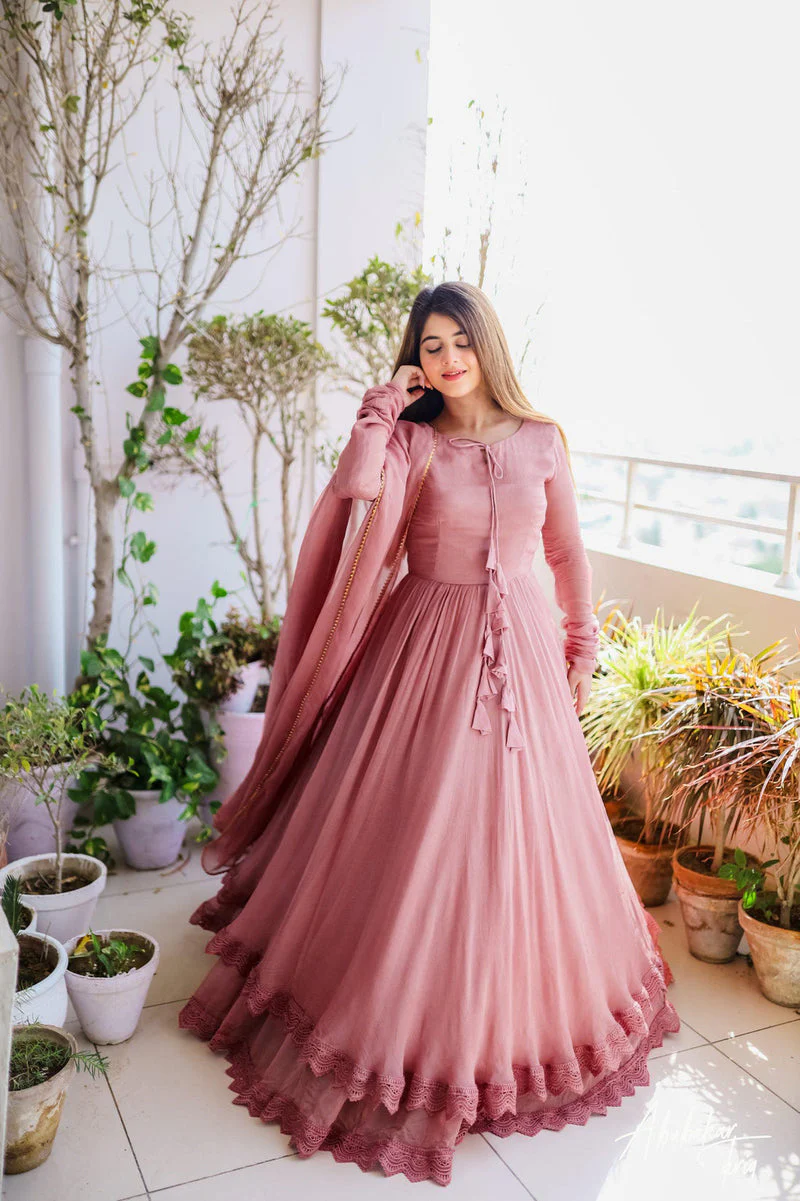 Solid Long Flair Double Layered Anarkali With Dupatta - Image 14