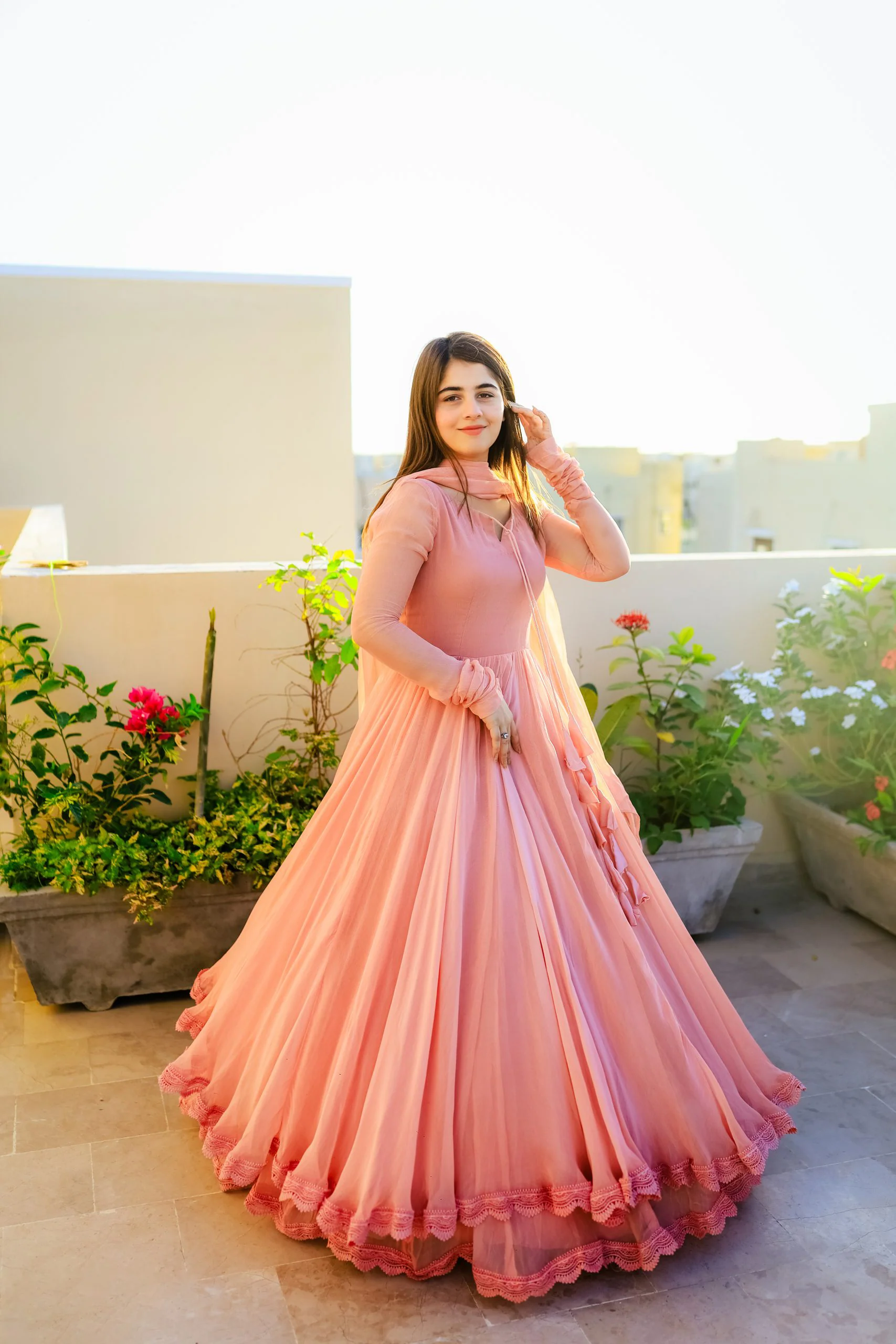 Solid Long Flair Double Layered Anarkali With Dupatta - Image 4