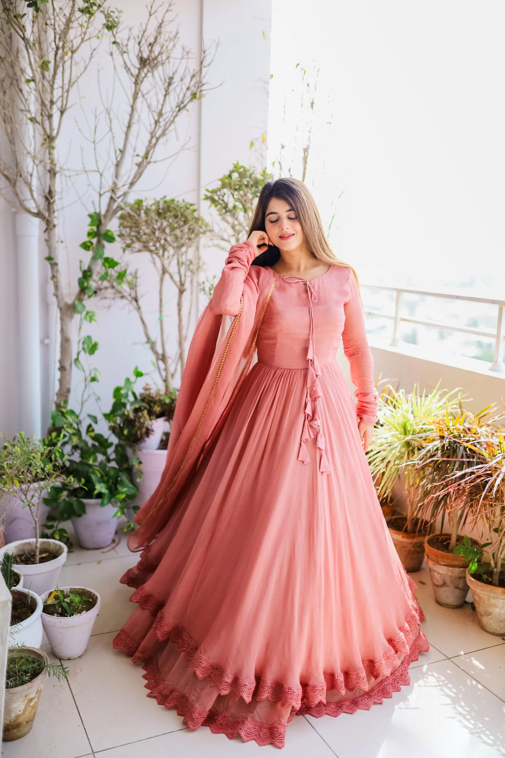Solid Long Flair Double Layered Anarkali With Dupatta - Image 5