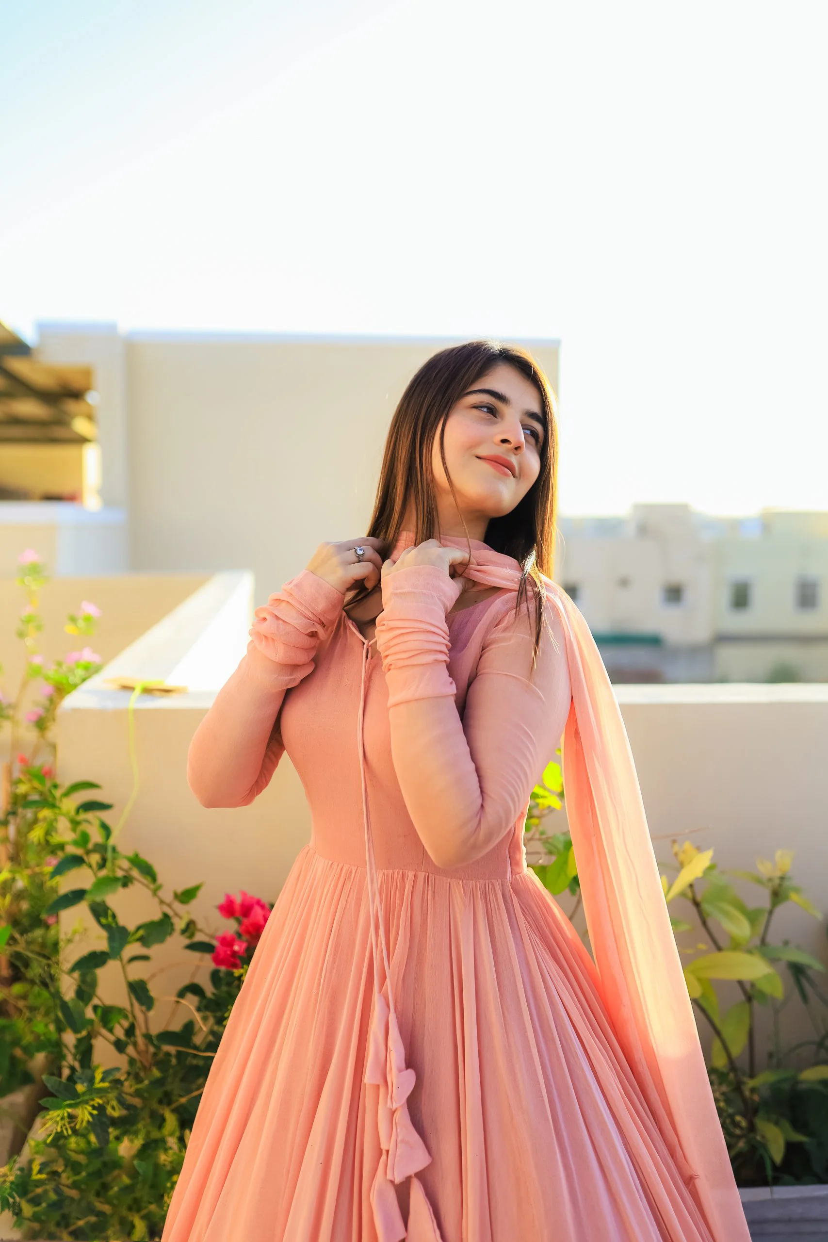 Solid Long Flair Double Layered Anarkali With Dupatta - Image 6