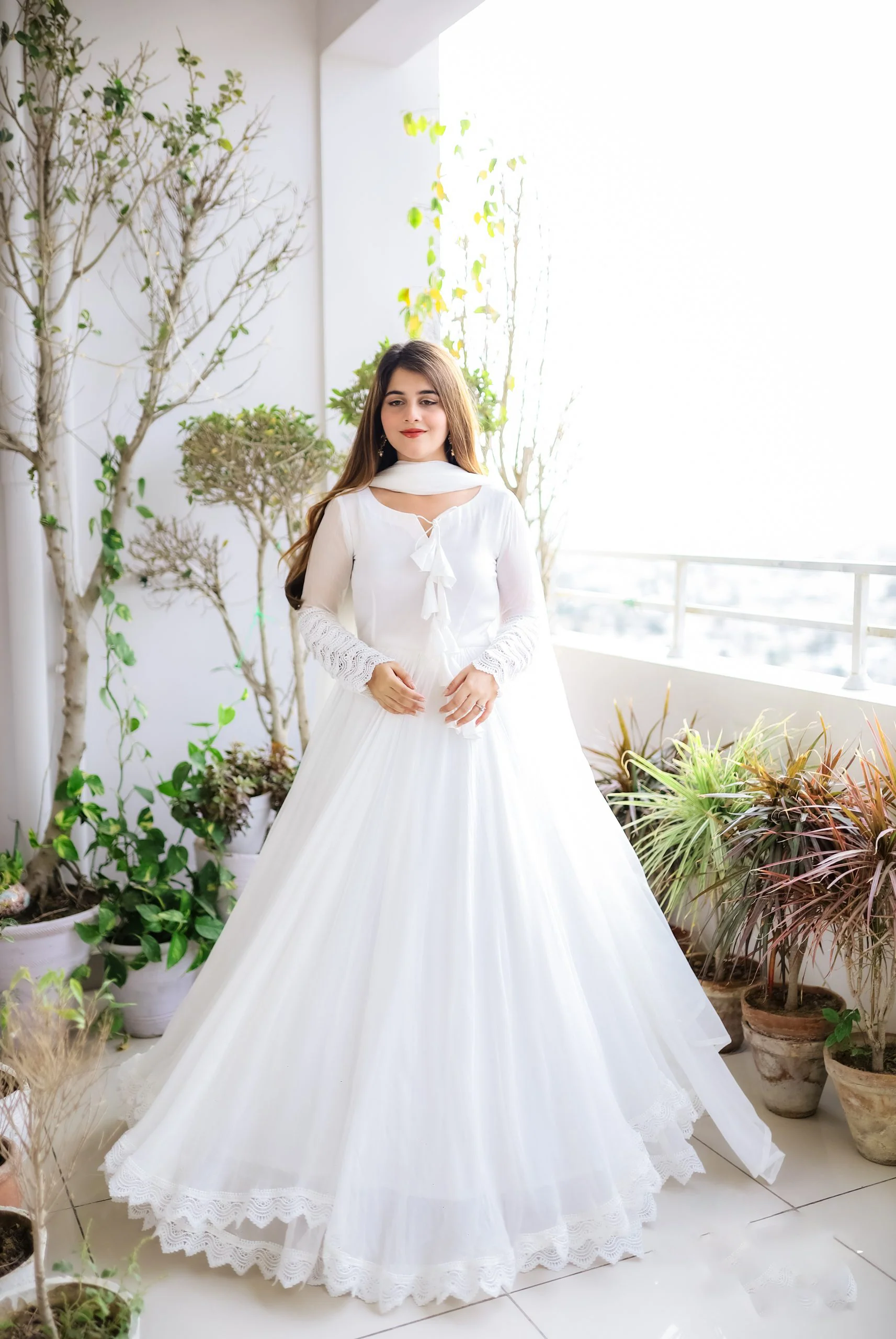Solid Long Flair Double Layered Anarkali With Dupatta - Image 7