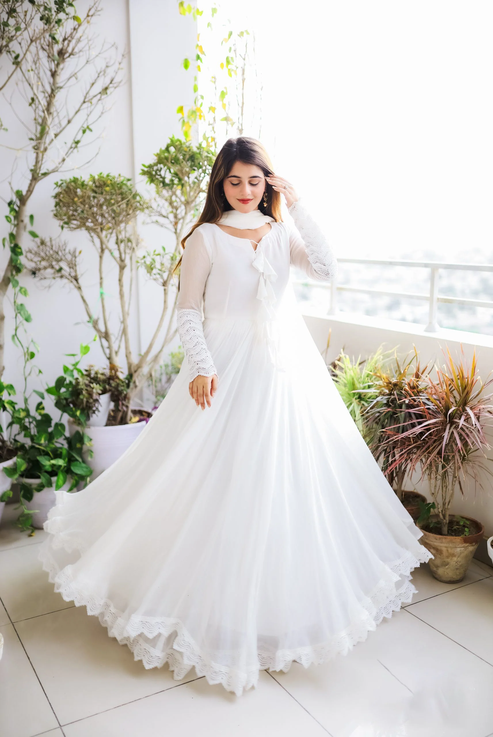 Solid Long Flair Double Layered Anarkali With Dupatta - Image 8