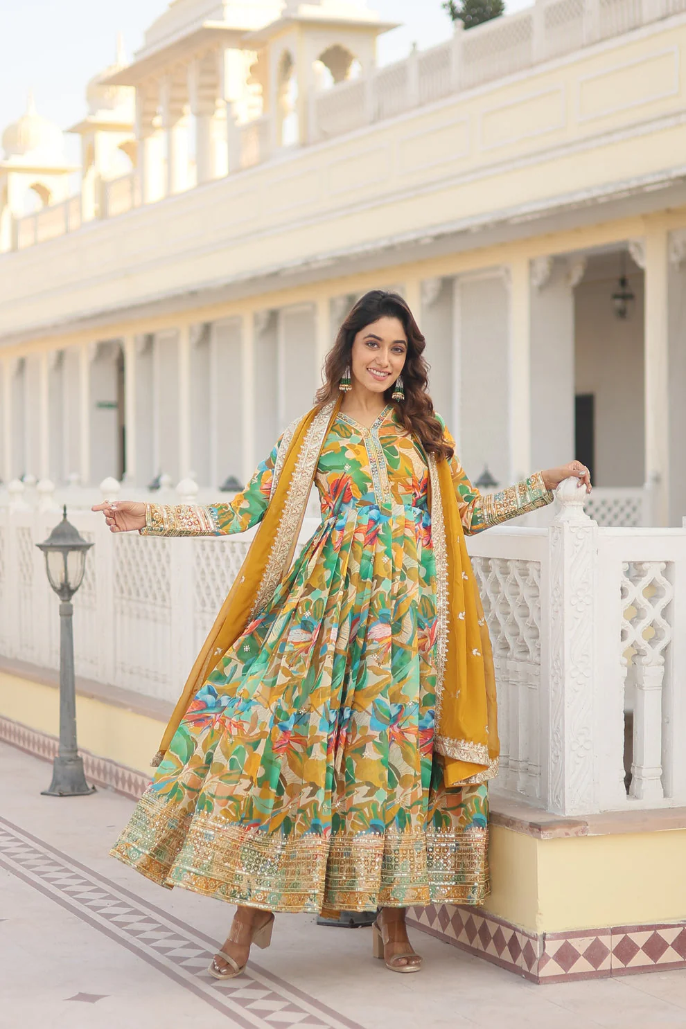 Eyes Catching Multi Digital Printed Yellow Anarkali Gown - Image 3