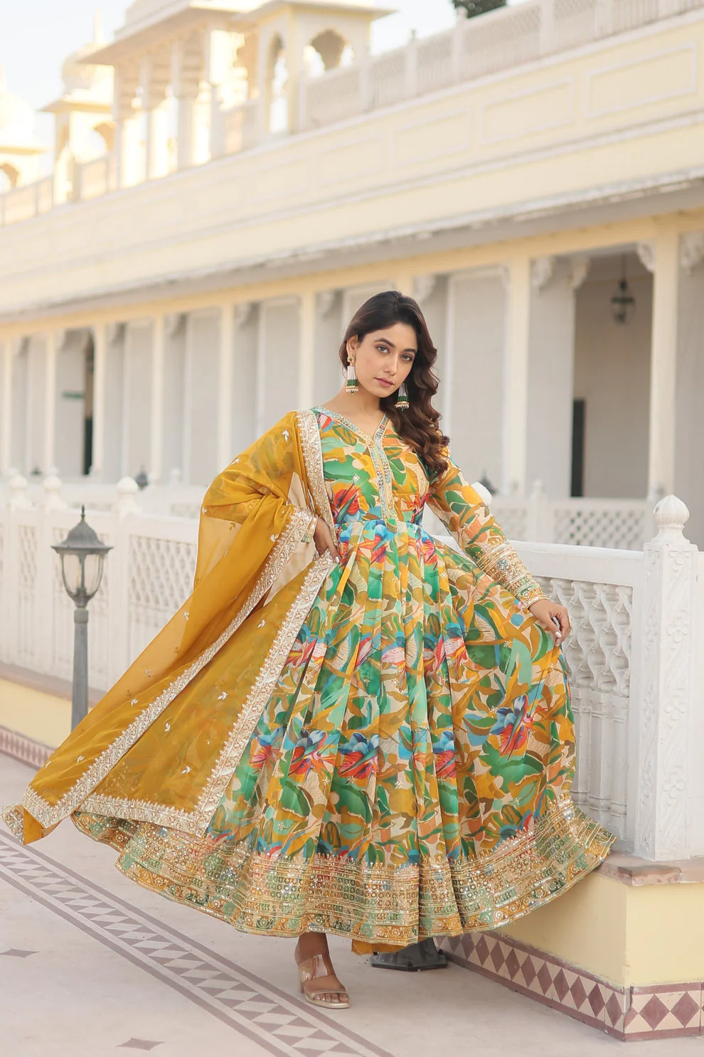 Eyes Catching Multi Digital Printed Yellow Anarkali Gown - Image 4