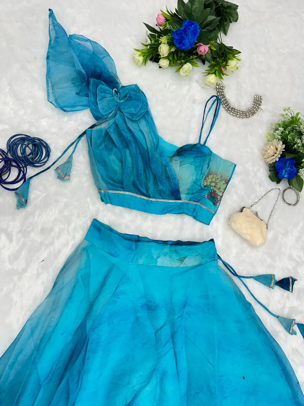 Fancy Pattern Sky Blue Color Printrd Organza Lehenga Choli - Image 3