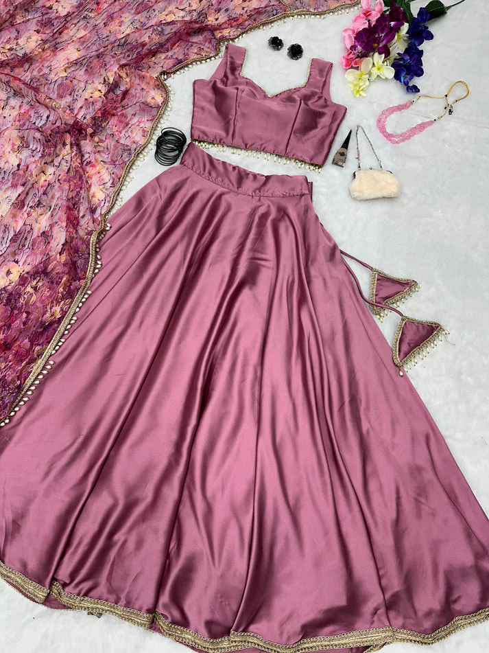 Fancy Satin Silk Dusty Pink Lehenga Choli With Net Dupatta - Image 3