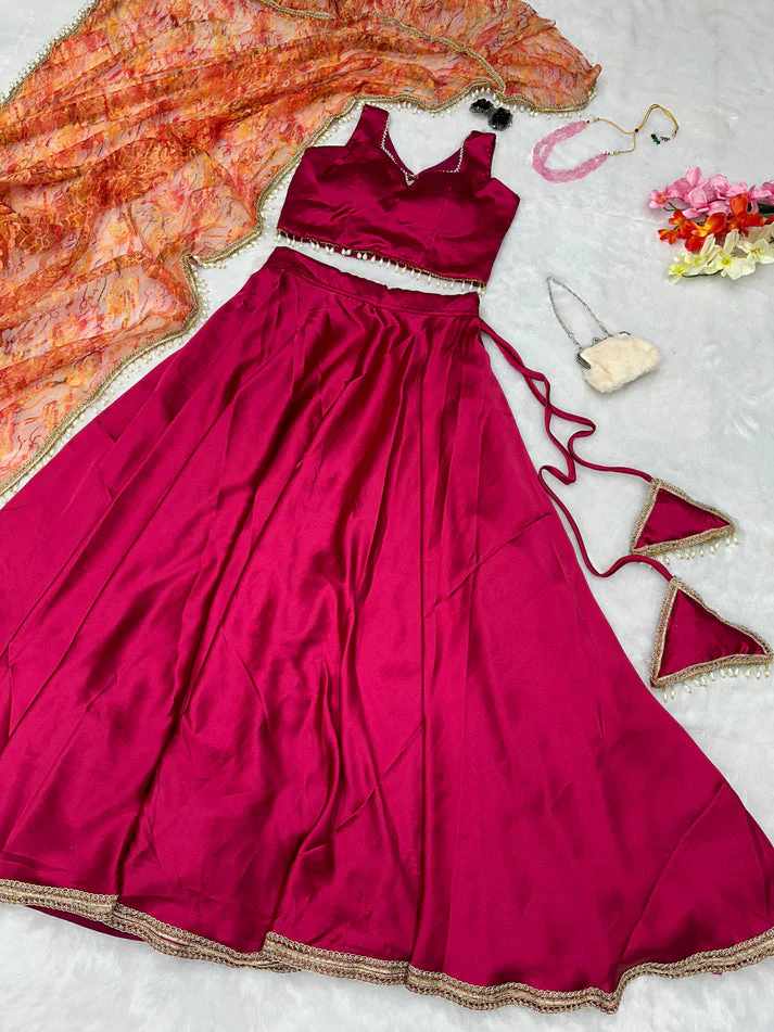 Fancy Satin Silk Pink Lehenga Choli With Net Dupatta - Image 5