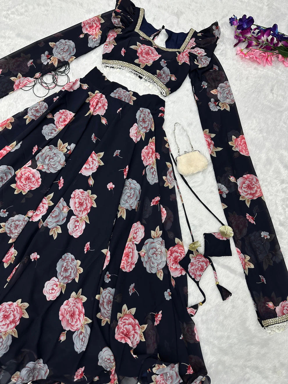 Fancy Sleeves Pattern Flower Print Black Lehenga Choli - Image 4