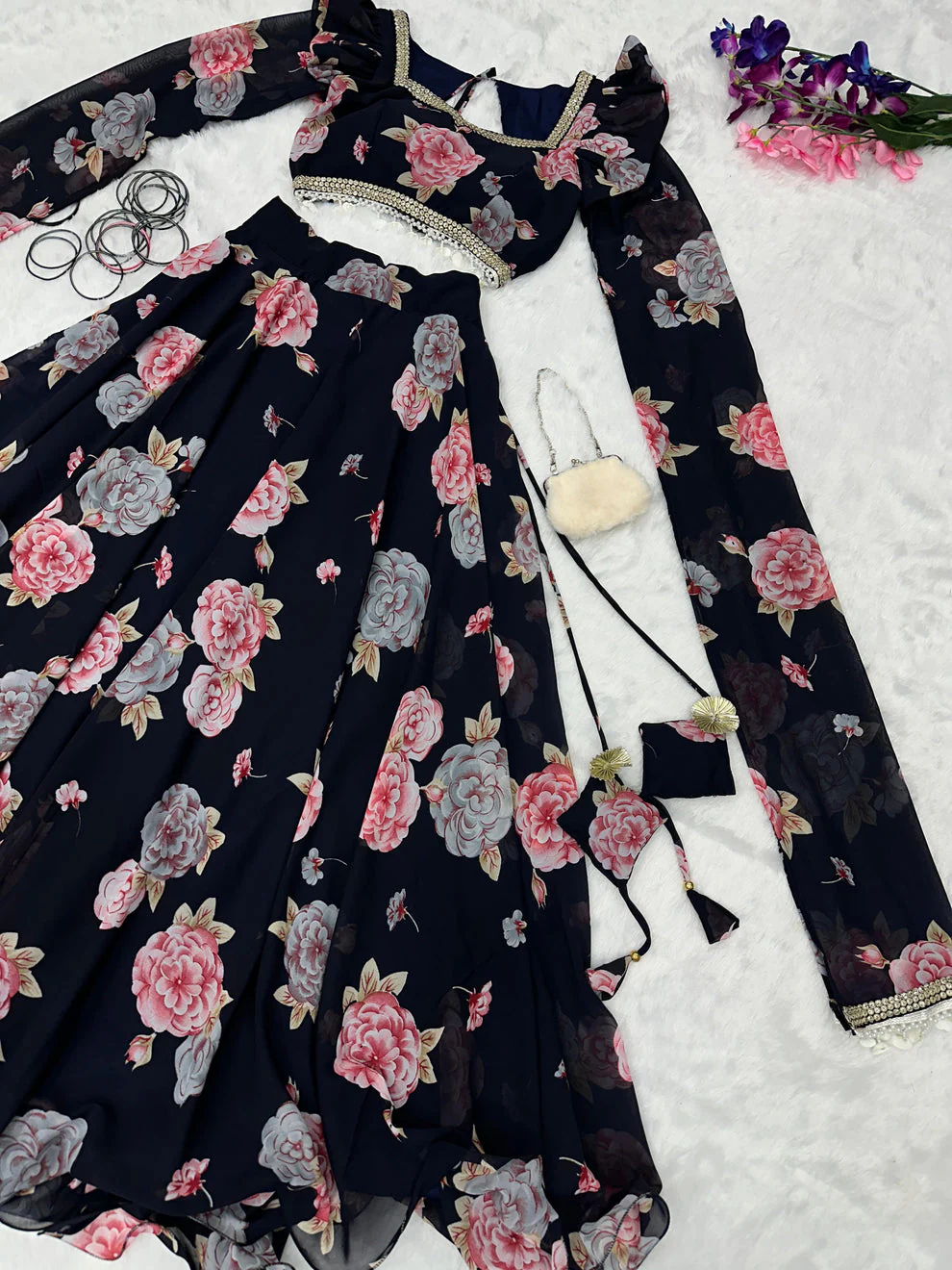 Fancy Sleeves Pattern Flower Print Black Lehenga Choli - Image 6