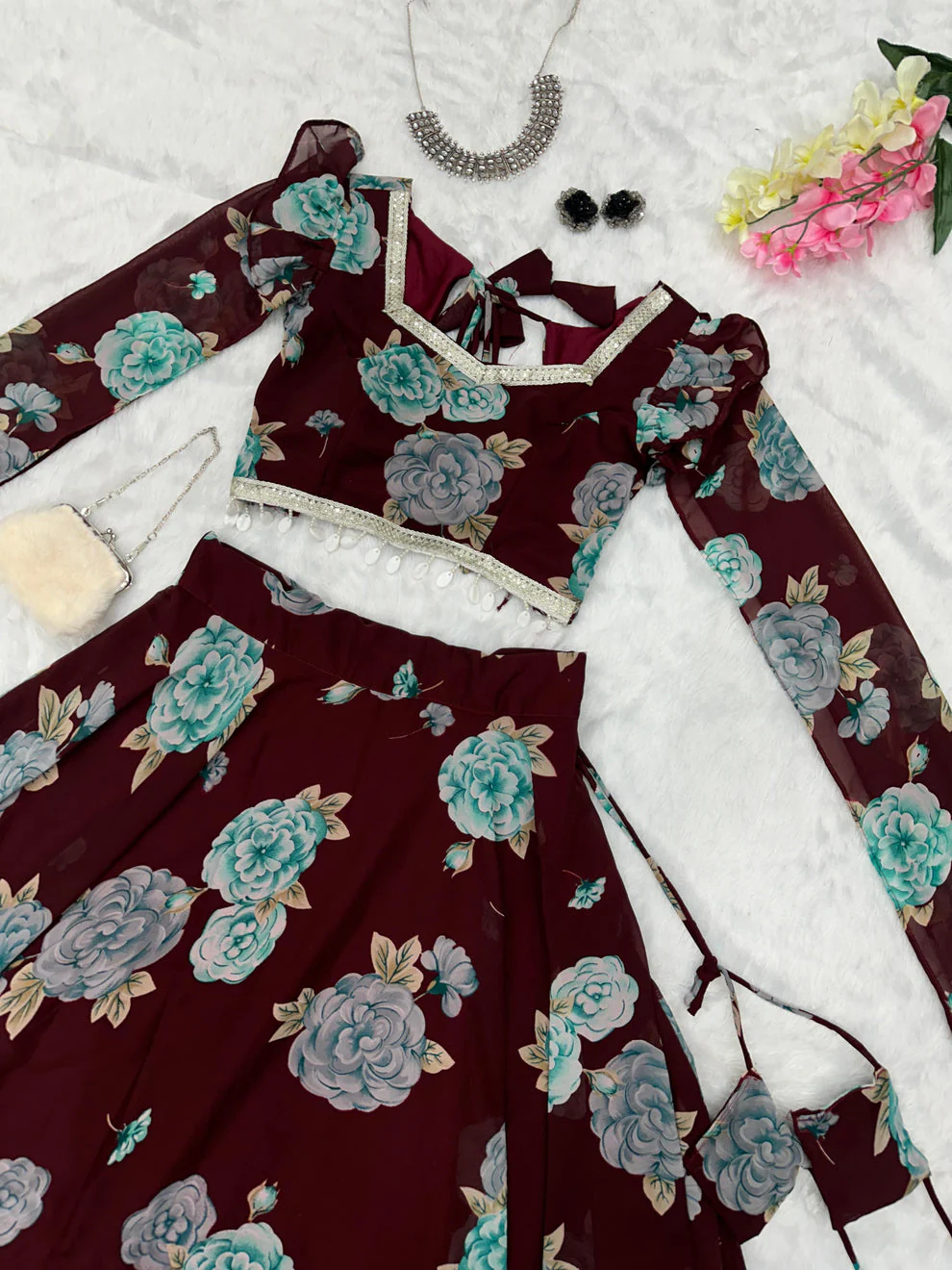 Fancy Sleeves Pattern Flower Print Maroon Lehenga Choli - Image 3