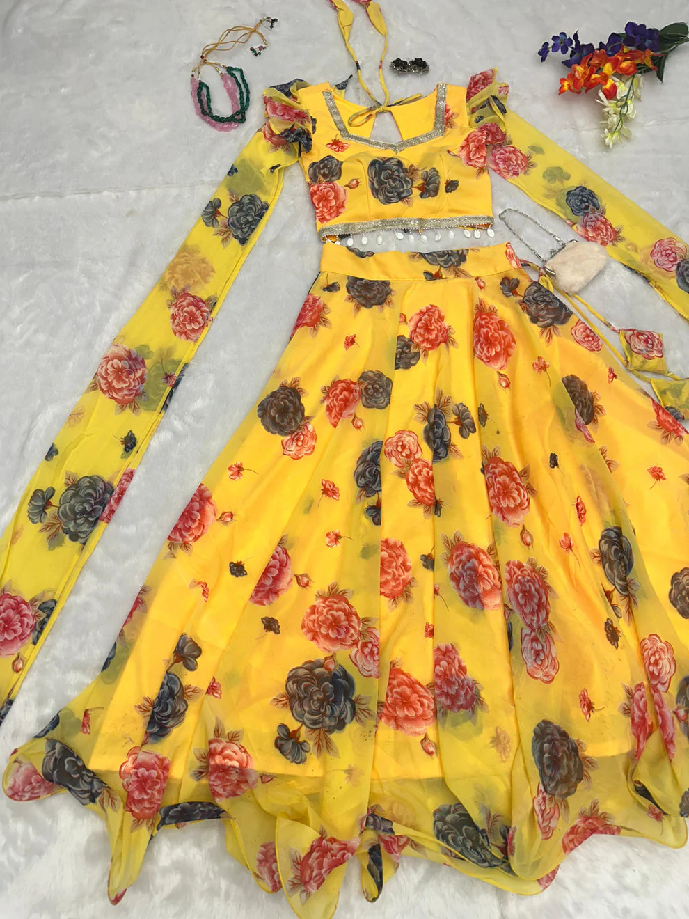 Fancy Sleeves Pattern Flower Print Yellow Lehenga Choli - Image 3
