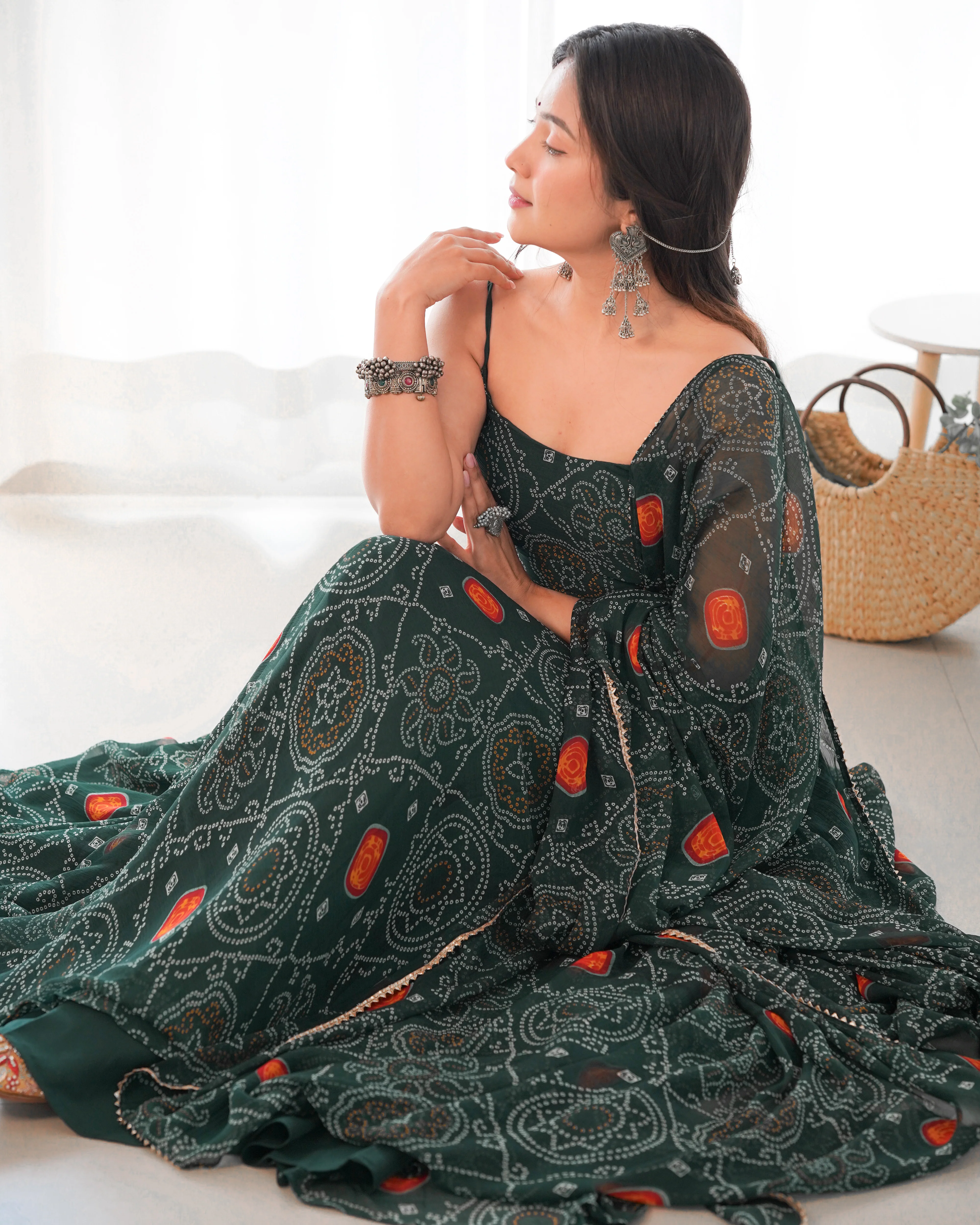 Floral Dark Green Color Bandhani Print Soft Chiffon Anarkali Gown - Image 8