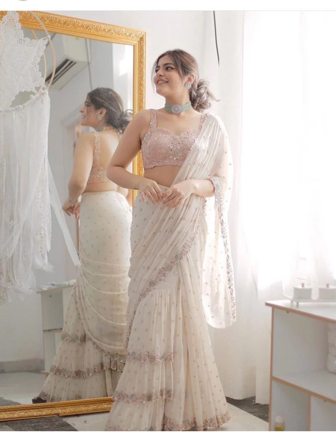 fox georgatte saree with three layer work saree with mirror touch work - Image 4