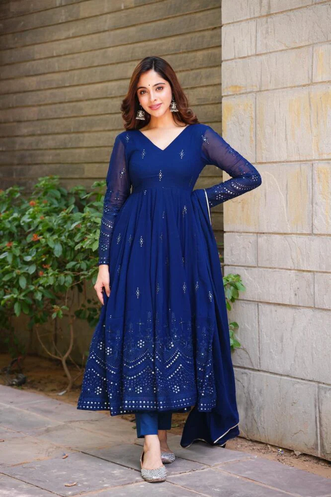 Glimmering Blue Color Sequence Thread Work Anarkali Gown - Image 2