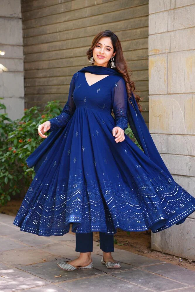 Glimmering Blue Color Sequence Thread Work Anarkali Gown - Image 3