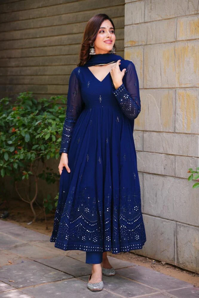 Glimmering Blue Color Sequence Thread Work Anarkali Gown - Image 5