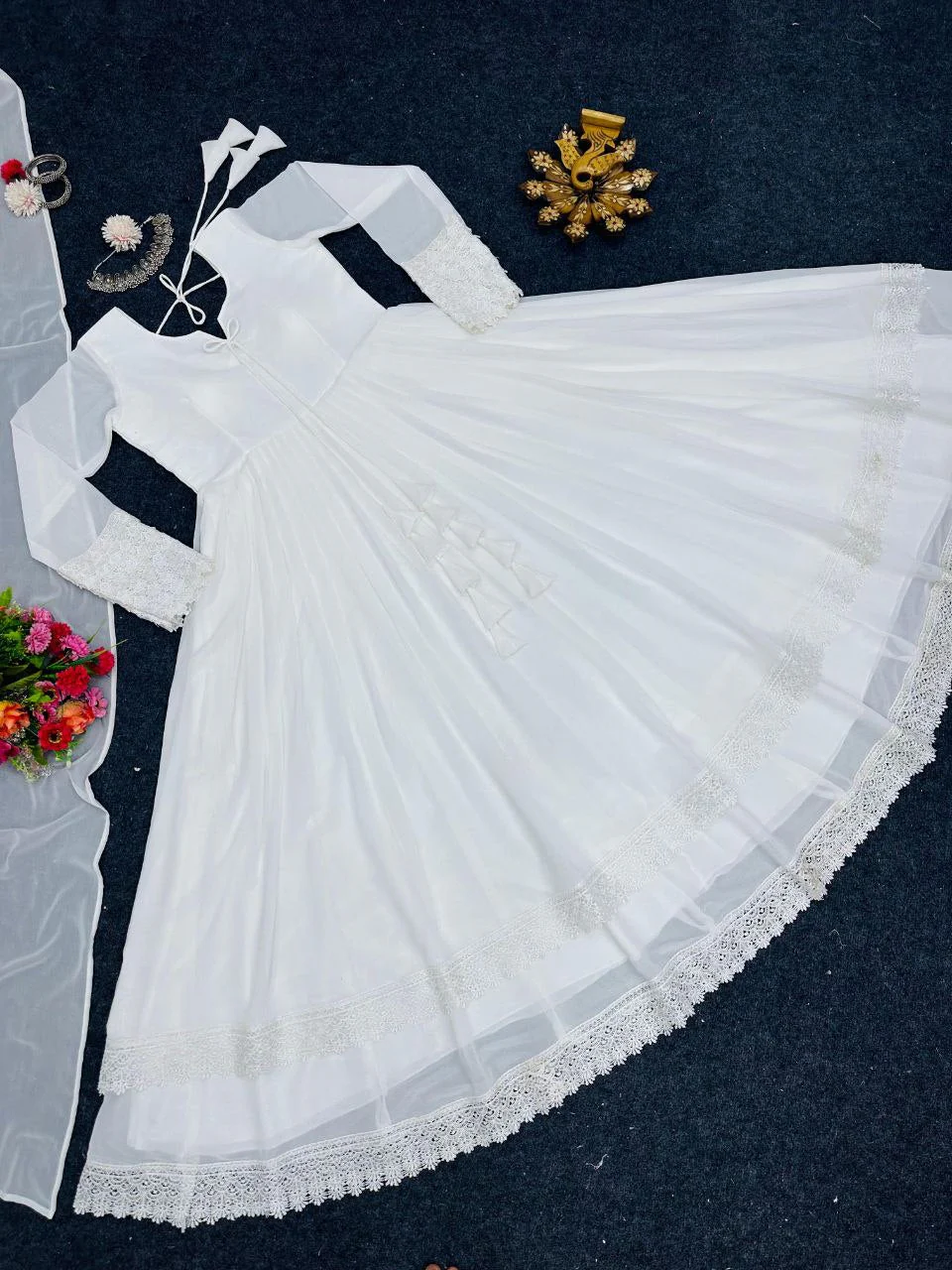 Glorious White Color Lace Work Lovely Long Gown - Image 10