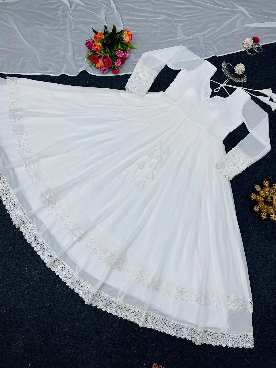 Glorious White Color Lace Work Lovely Long Gown - Image 11
