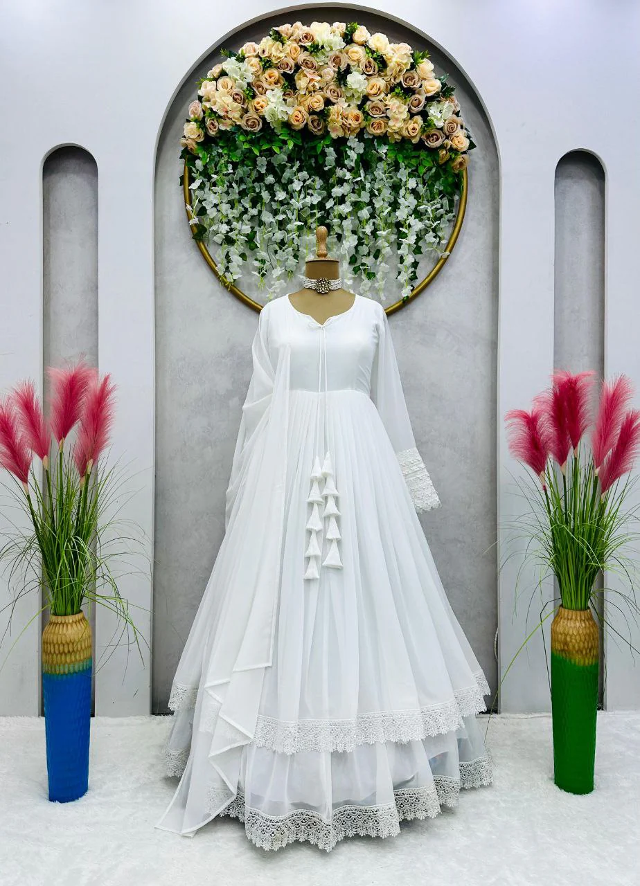 Glorious White Color Lace Work Lovely Long Gown - Image 3
