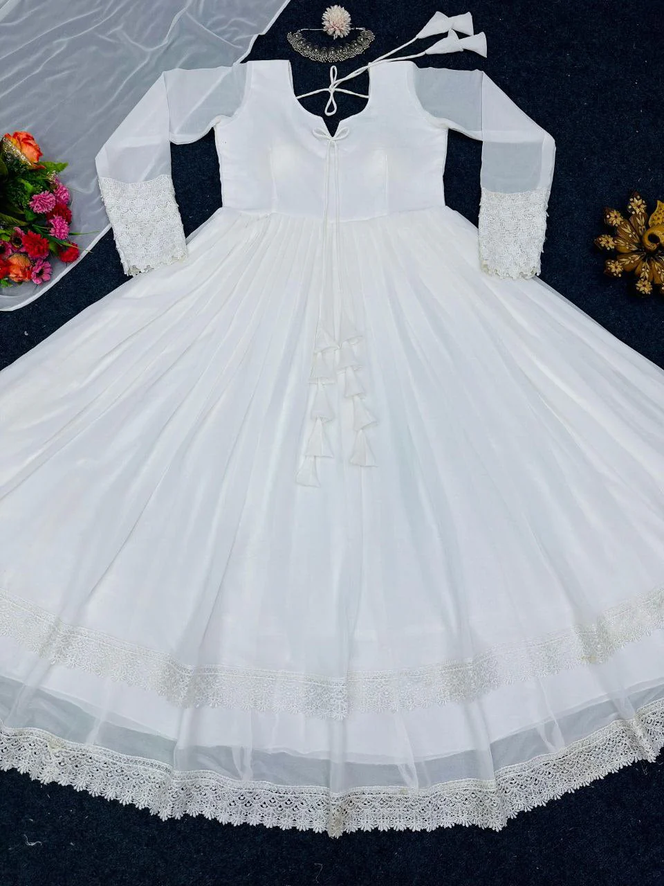Glorious White Color Lace Work Lovely Long Gown - Image 4