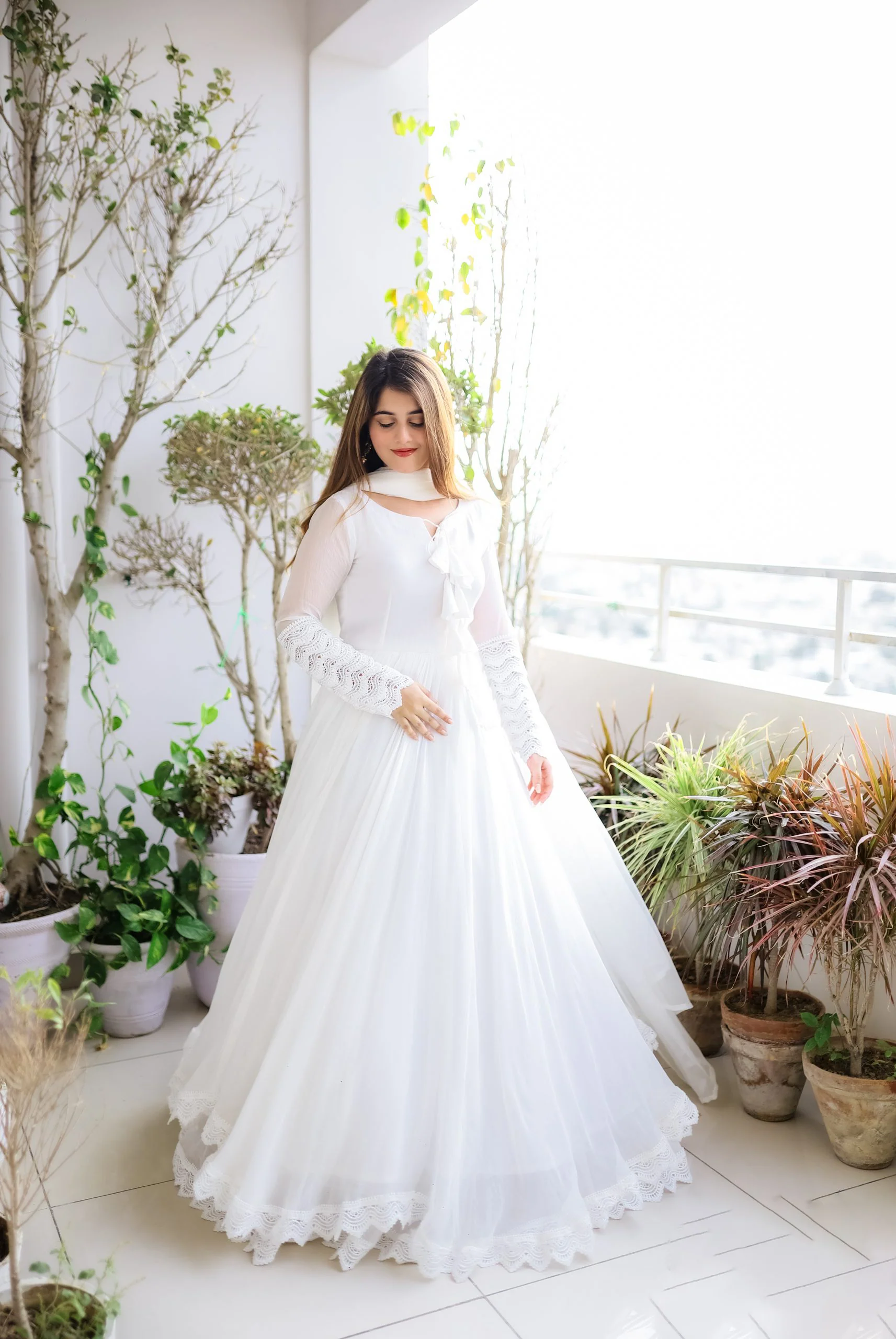 Glorious White Color Lace Work Lovely Long Gown - Image 5