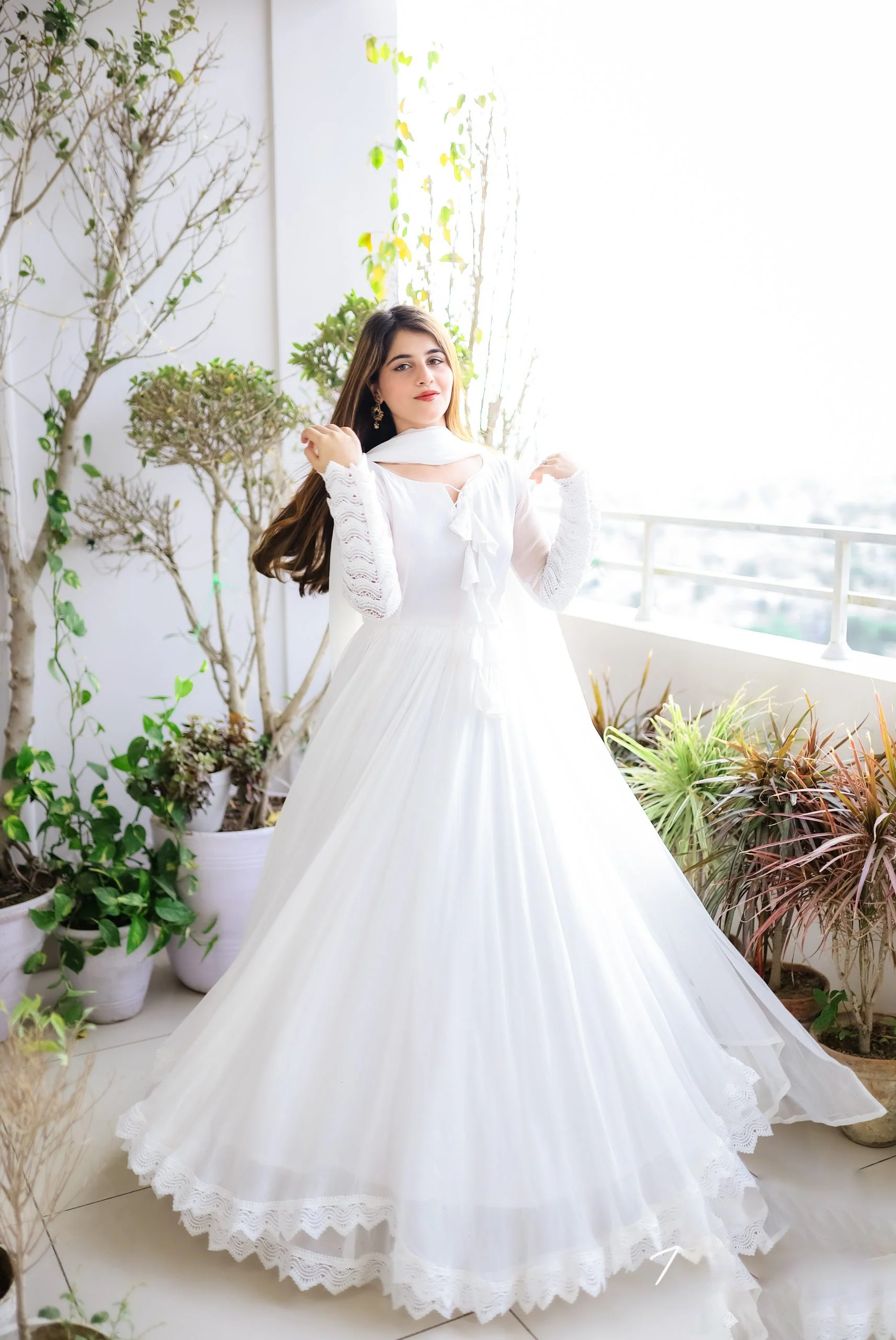 Glorious White Color Lace Work Lovely Long Gown - Image 9