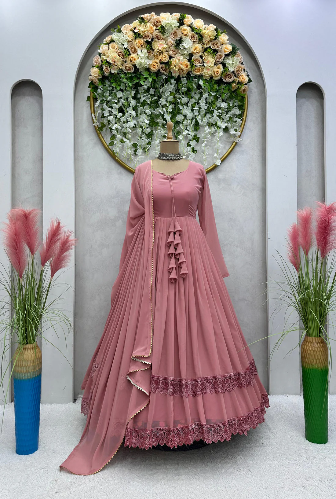 Good Looking Lace Border Dusty Pink Gown With Plain Dupatta - Image 4