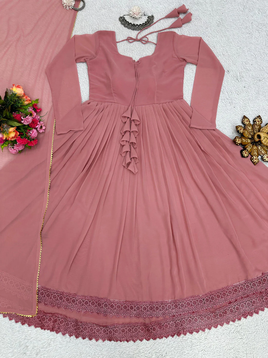 Good Looking Lace Border Dusty Pink Gown With Plain Dupatta - Image 5
