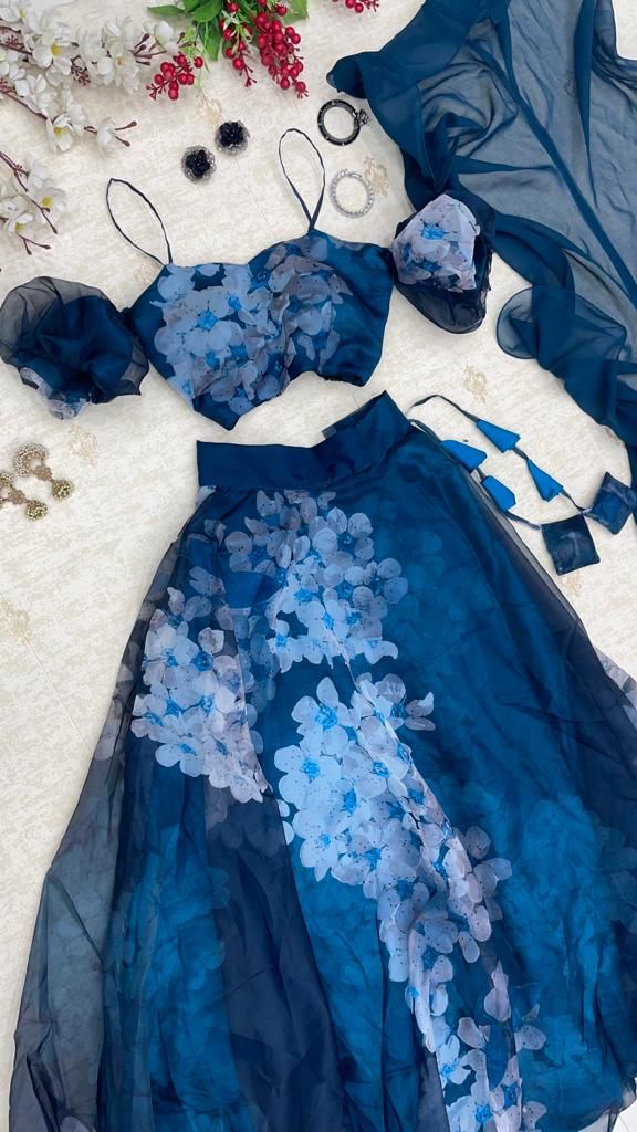 Gorgeous Navy Blue Color Organza Lehenga Choli - Image 4