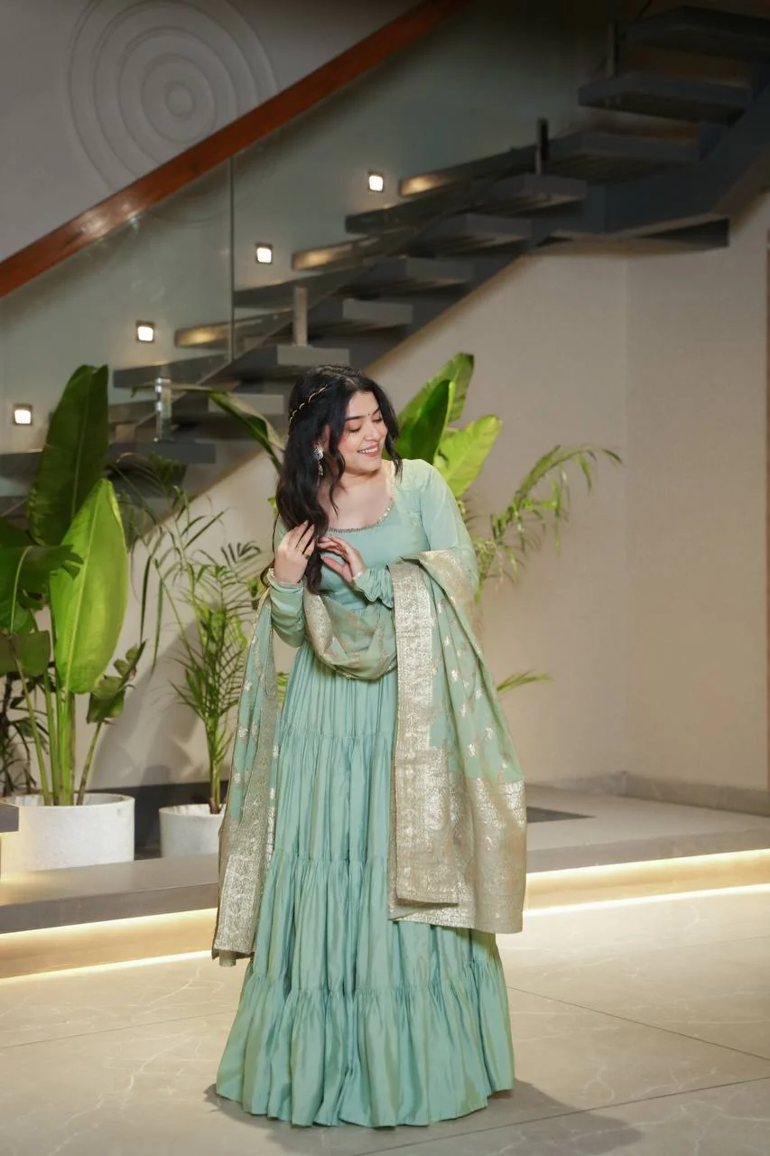 Gorgeous Pista Green Anarkali Gown With Banarasi Silk Dupatta - Image 2
