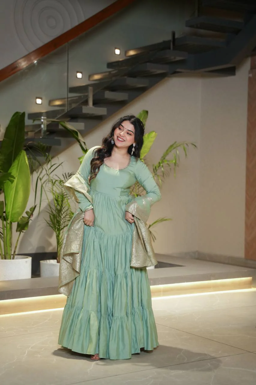 Gorgeous Pista Green Anarkali Gown With Banarasi Silk Dupatta - Image 5