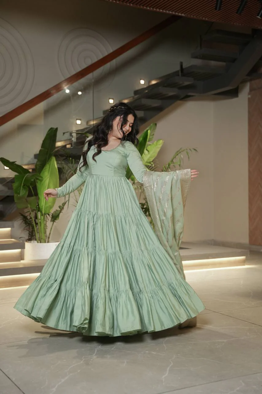 Gorgeous Pista Green Anarkali Gown With Banarasi Silk Dupatta - Image 7