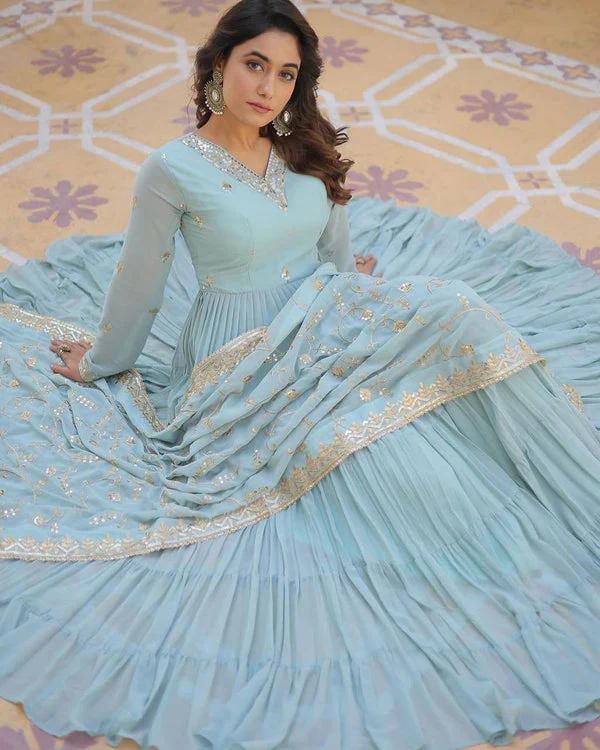 Gorgeous Ruffle Flair Sky Blue Georgette Anarkali Suit - Image 3