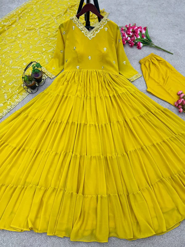 Gorgeous Ruffle Flair Yellow Georgette Anarkali Suit - Image 5